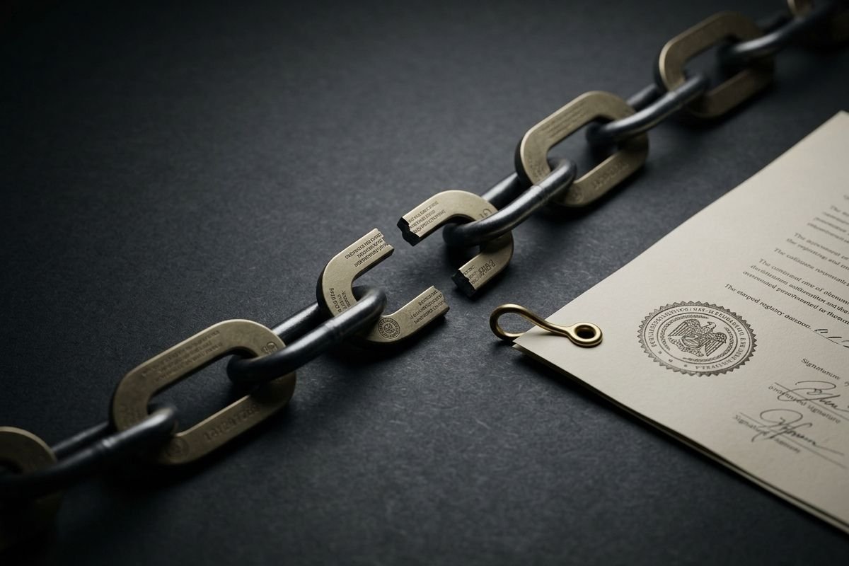 Broken legal chain and certified document illustrating land registry entry removal issues and formal discontinuity in property records