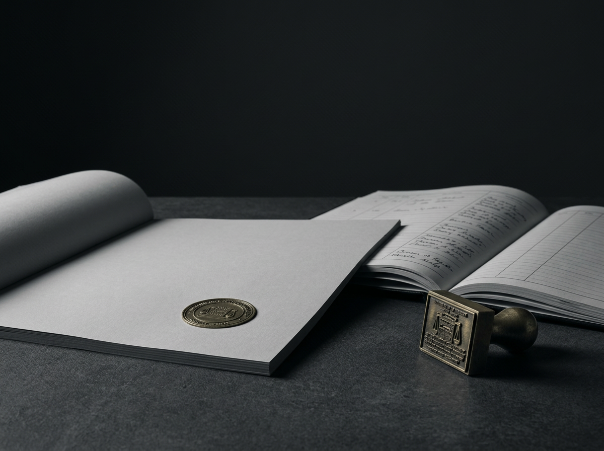 Court document, registry ledger and unused registration stamp symbolizing the gap between a court decision and registry update