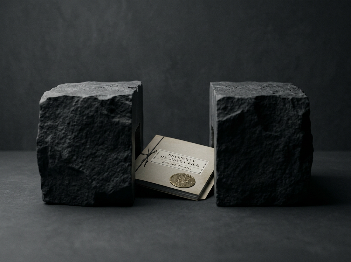 Property registry file trapped between two stone blocks symbolizing the institutional gap between enforcement closure and registry clearance.