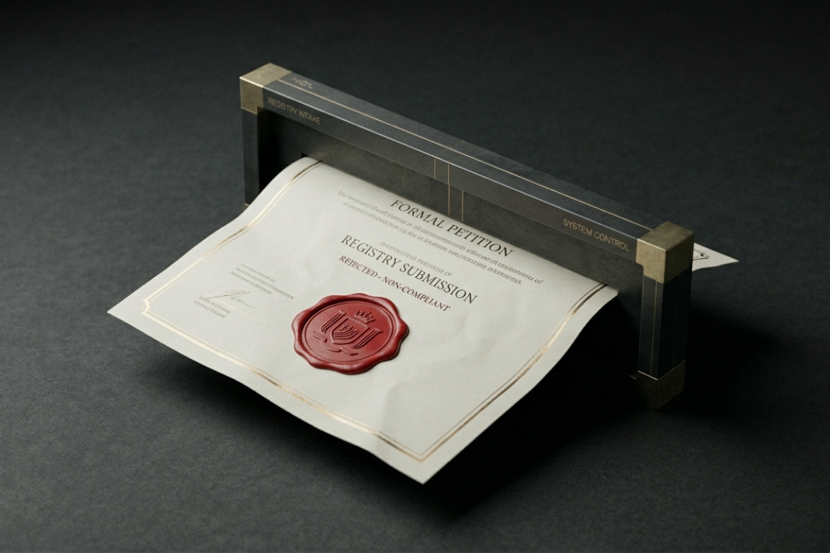 Real estate registration document with a seal passing through a registry verification mechanism