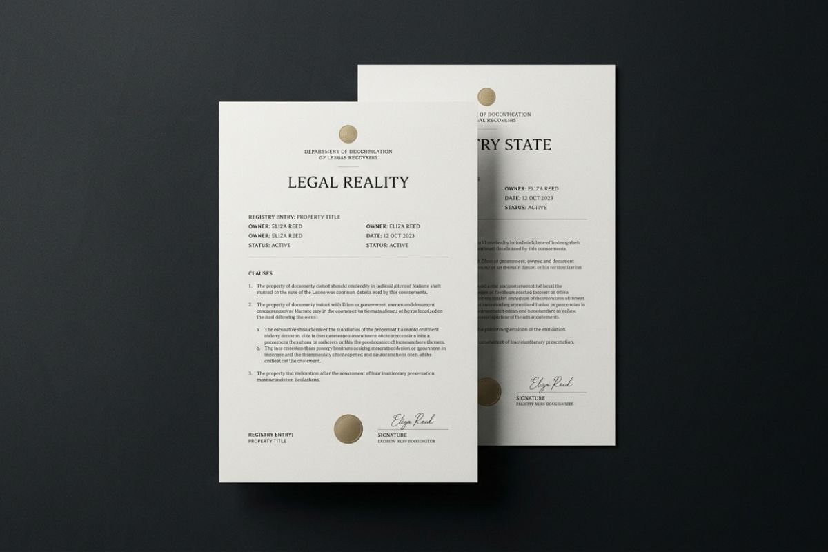 Legal reality vs registry state documents showing ownership mismatch and registration gap in property law
