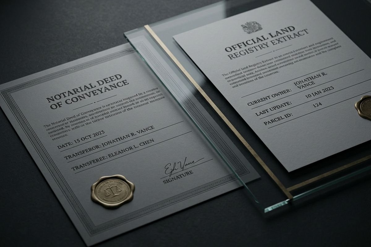 Notarial deed of conveyance next to outdated land registry extract showing ownership mismatch and delayed registry update blocking property transaction