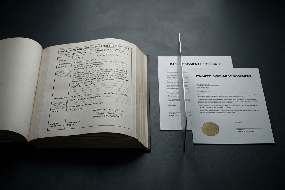 Open property registry book and discharge documents separated by a barrier, illustrating the registration gap between factual debt repayment and registry update.
