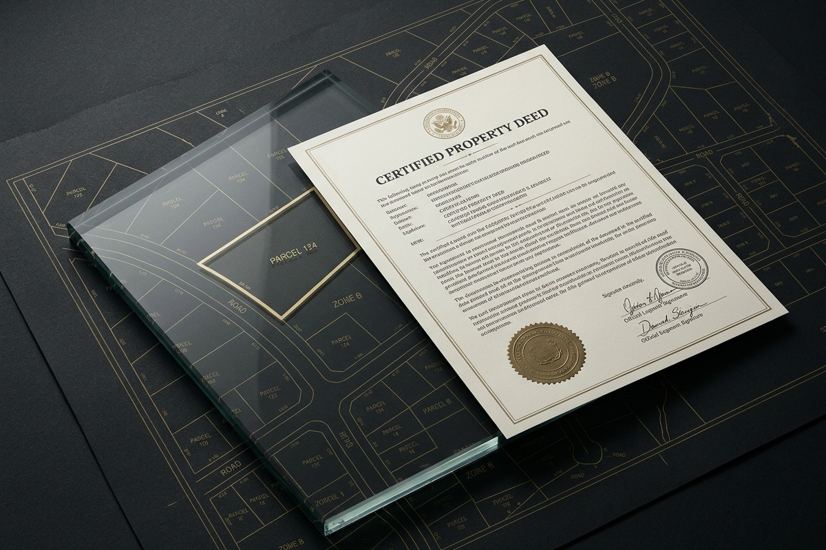 “Certified legal document placed on cadastral map with glass overlay illustrating identification mismatch and document defects blocking land registry registration”