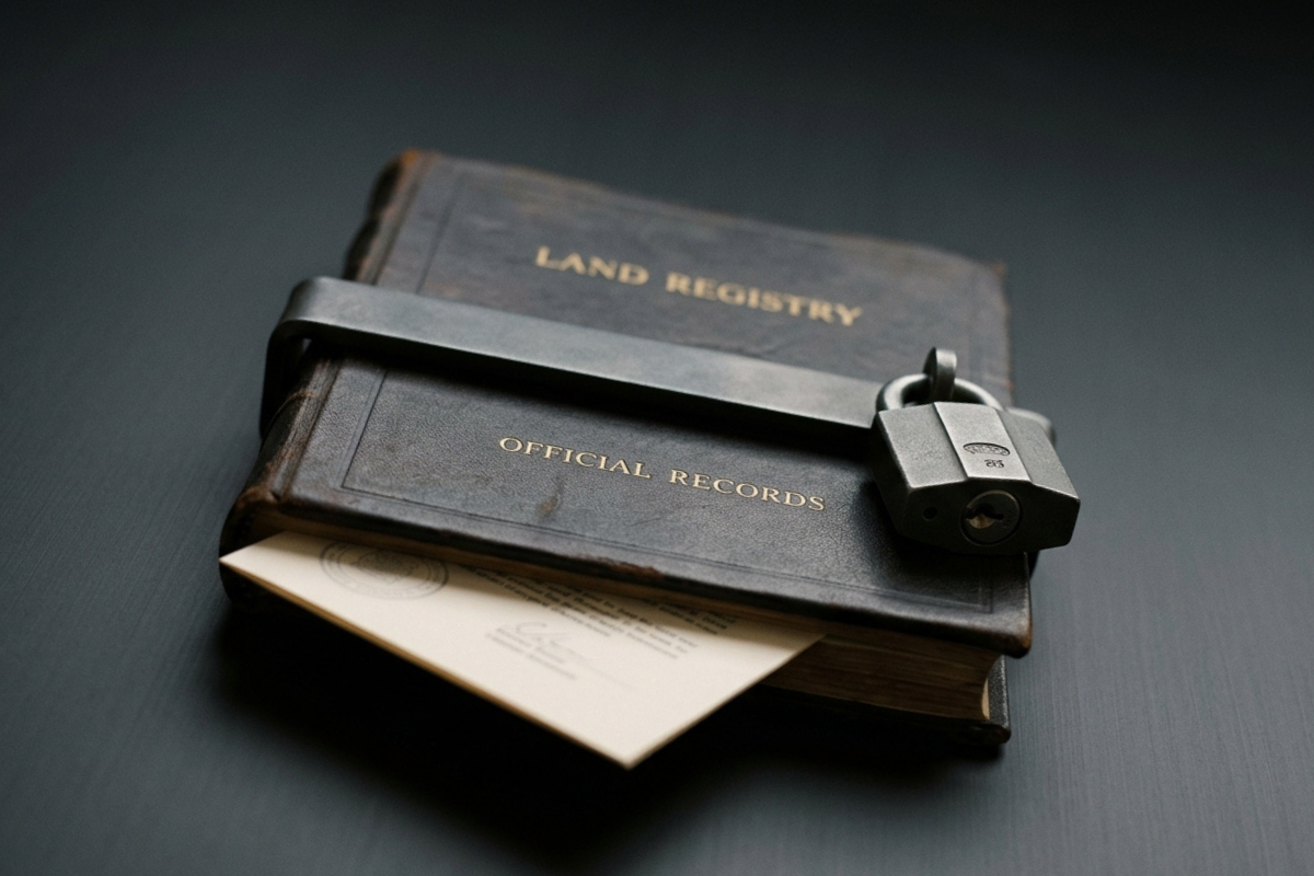 Polish land registry document blocked by pending registration warning (wzmianka)